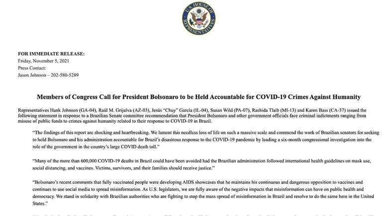 Comunicado do Congresso Americano pede responsabilização de Bolsonaro