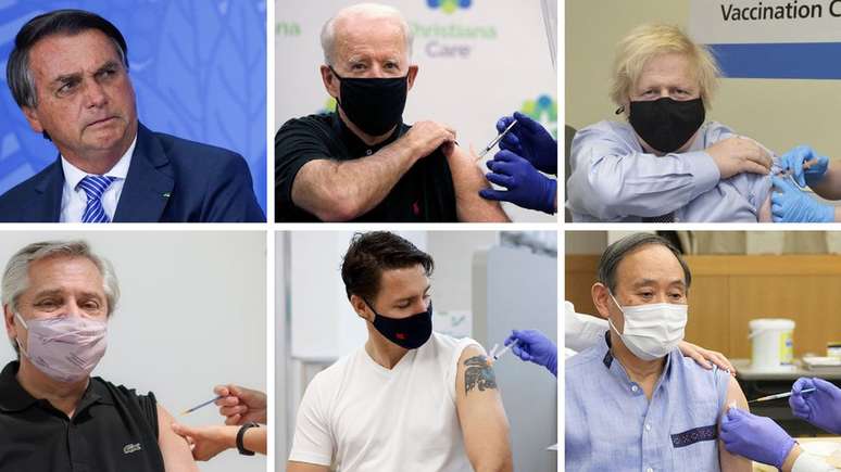 Diversos presidentes tomaram vacinas e compartilharam as imagens (Créditos: Reuters, Governo do Reino Unido, Reprodução)