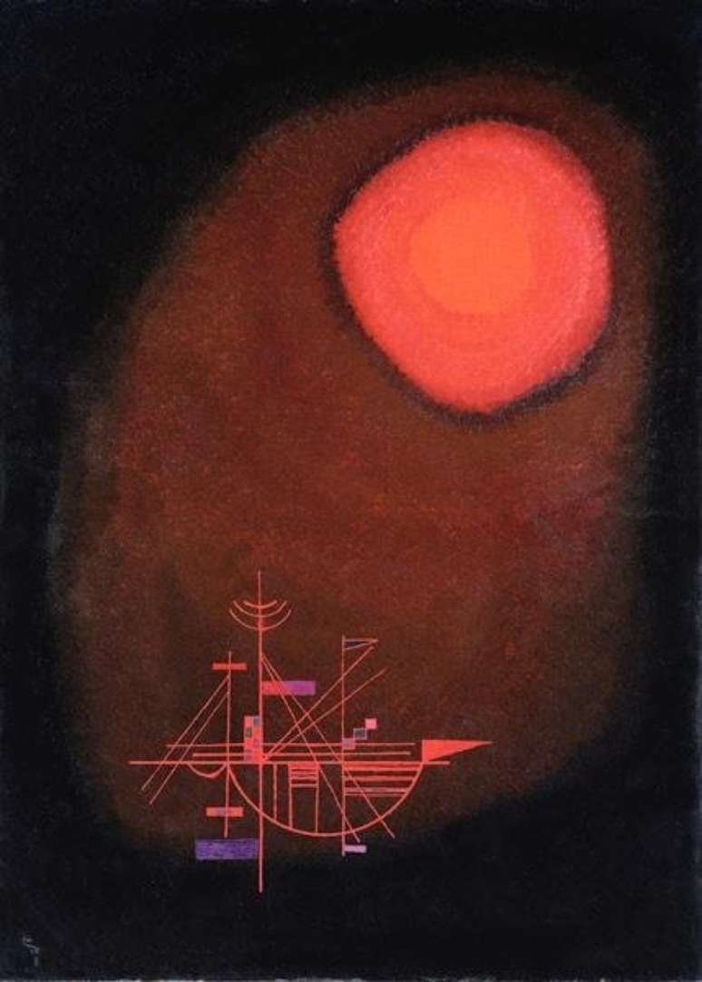 'O Navio e o Sol Vermelho' de Wassily Kandinsky. Em 1913, o artista observou que a descoberta de átomos em desintegração tornavam 'tudo precário, instável, flexível'