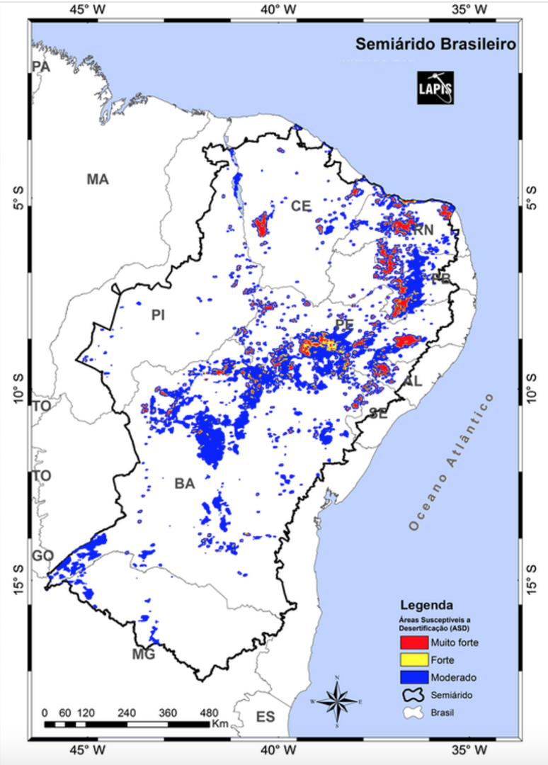 Mapa das &aacute;reas suscet&iacute;veis &agrave; desertifica&ccedil;&atilde;o no Semi&aacute;rido brasileiro