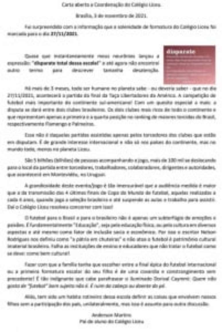 Carta publicada por Anderson Martins questionando data da formatura escolhida pelo colégio onde seu filho estuda (Reprodução / Twitter)