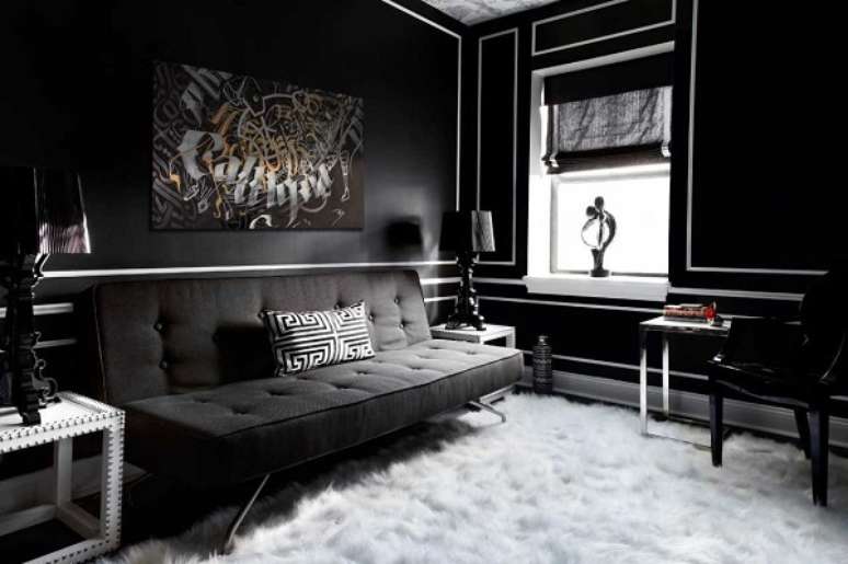 51. Sala preta e branca com tapete felpudo e móveis escuros – Foto Futurist Archictecture