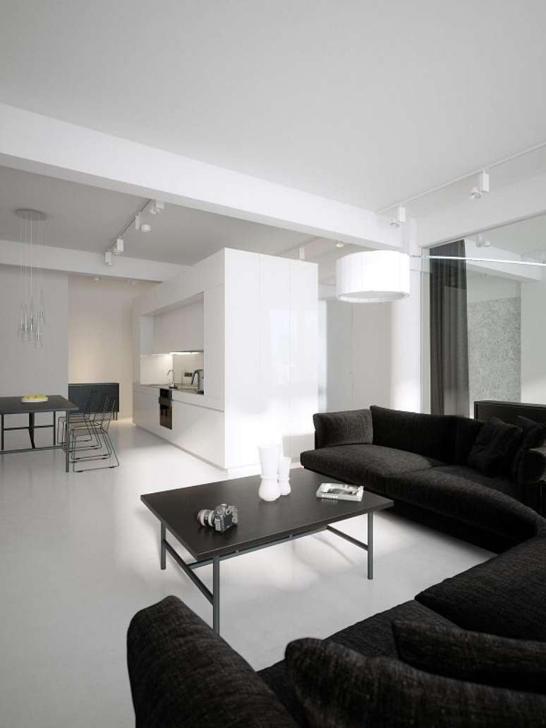 17. Decoração de sala preta e branca com sofá em l – Foto Decor Facil