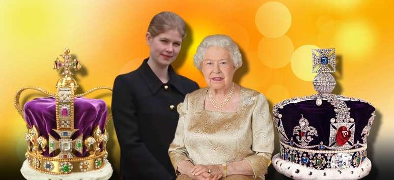 Lady Louise e a rainha Elizabeth entre duas coroas da majestade dos britânicos