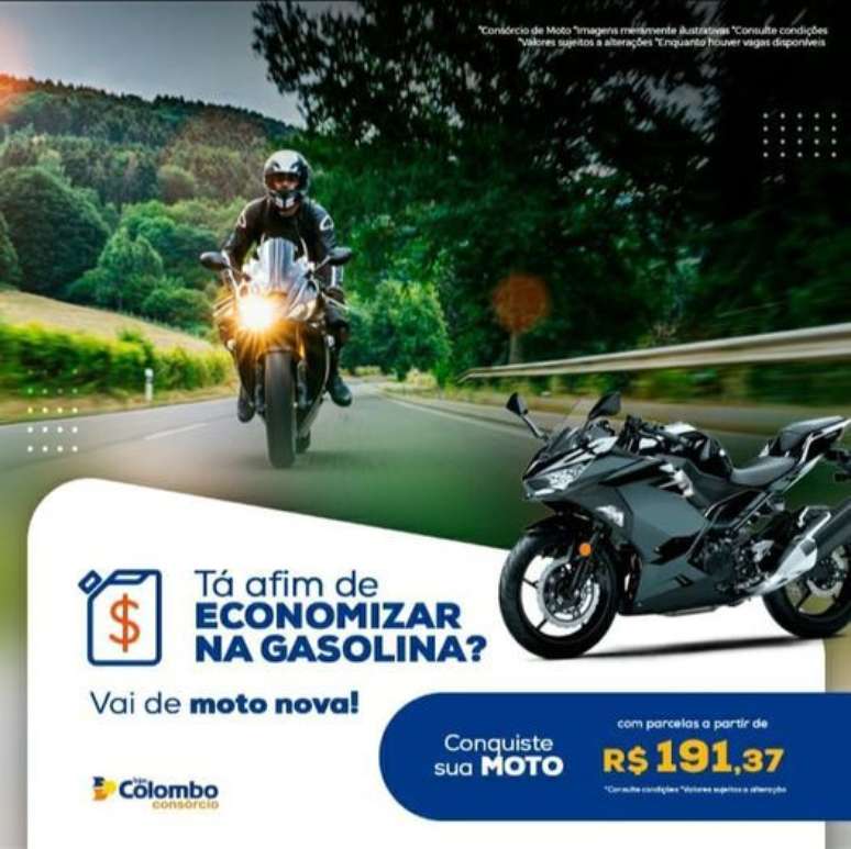 Propaganda de consórcio incentiva a comprar motocicleta para economizar com gasolina