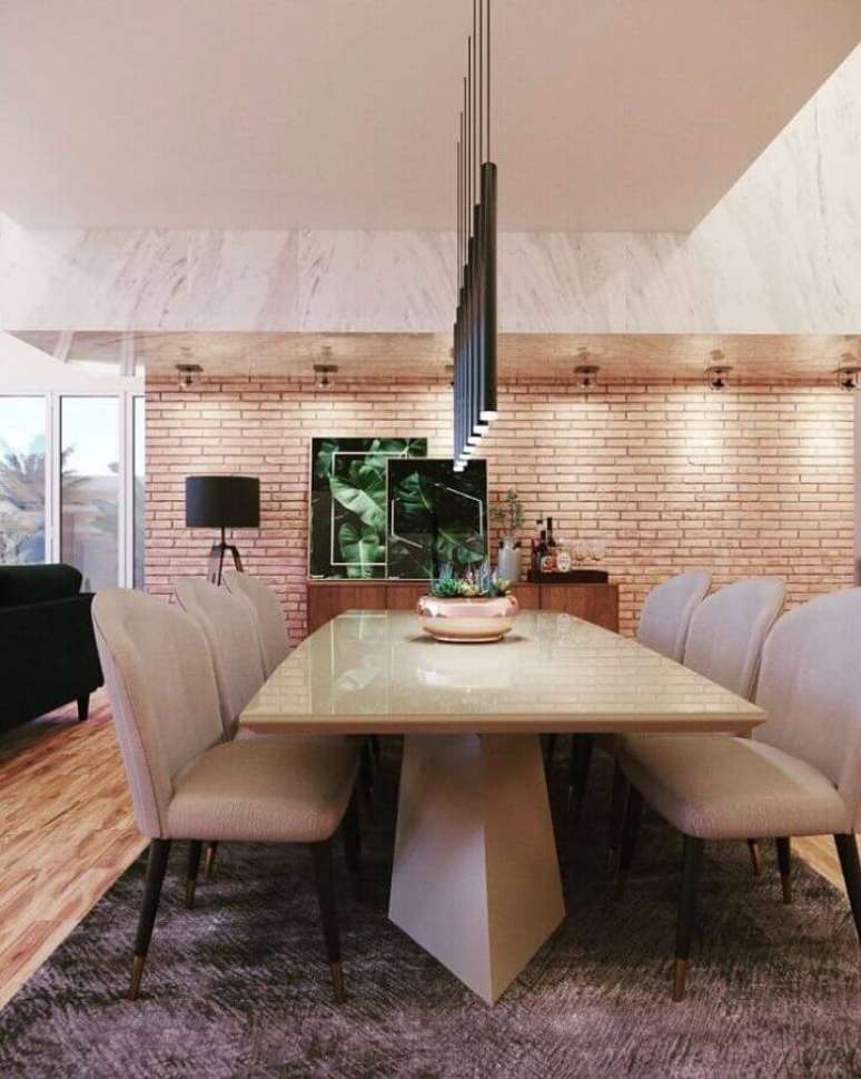 44. Decoração com parede tijolinho e balcão para sala de jantar em madeira – Foto: GY Studio 3D