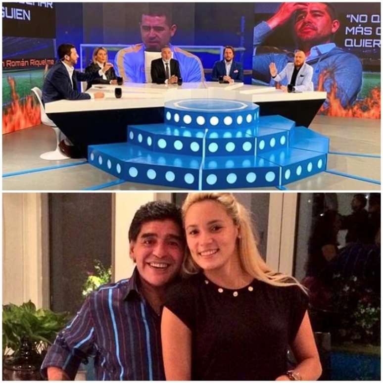 A comentarista na mesa redonda e com Maradona na época do relacionamento