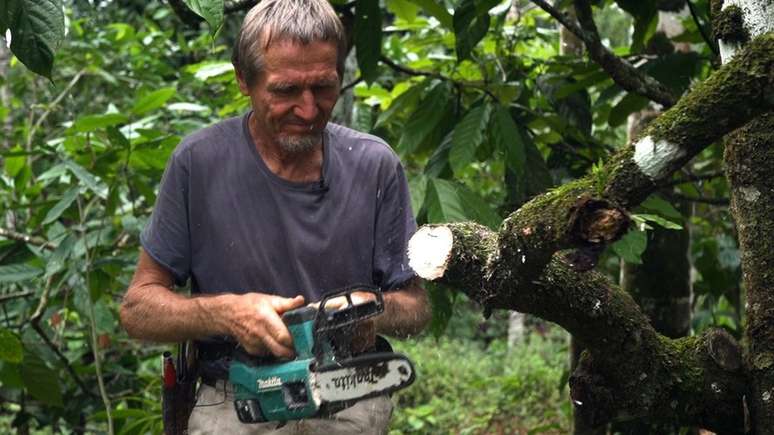 G&ouml;tsch poda cacaueiro com motosserra, equipamento que ele considera crucial para o manejo do sistema