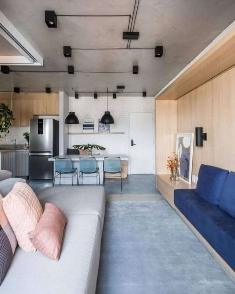 33. Decoração estilo industrial para apartamento com cozinha conjugada com sala – Foto: SP Estúdio Arquitetura