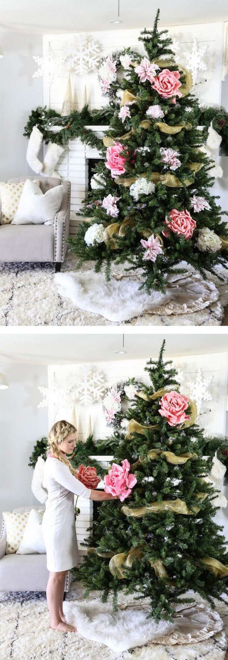 9. Sala decorada com flores para &aacute;rvore de natal grandes na cor rosa &ndash; Foto Bored Panda