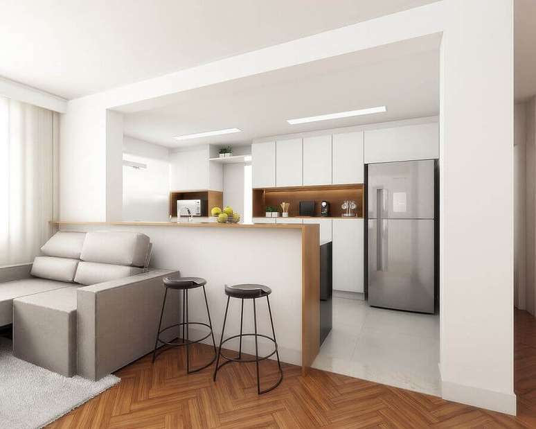 4. Decoração minimalista para cozinha americana conjugada com sala – Foto: Spaze Arquitetura e Interiores