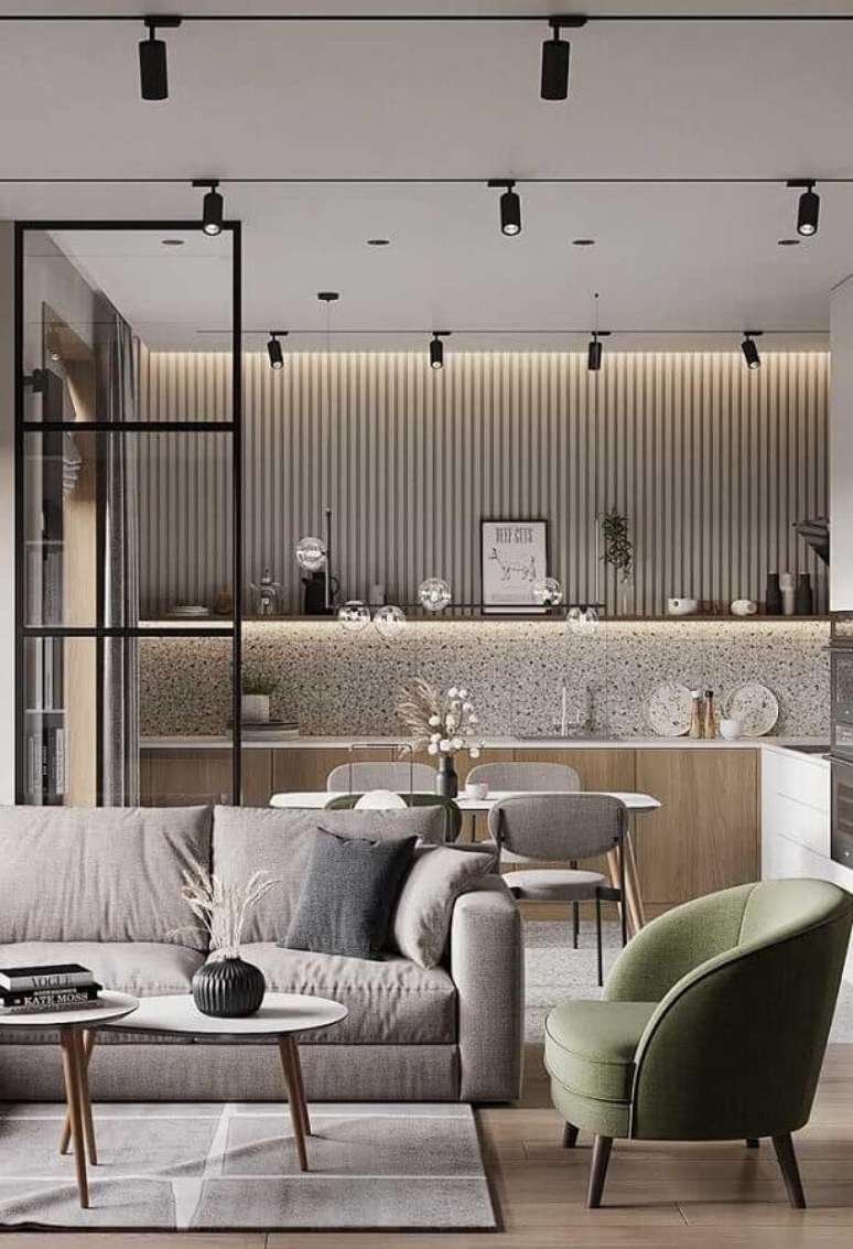 39. Decoração moderna em tons de cinza para cozinha com sala conjugada – Foto: Futurist Architecture