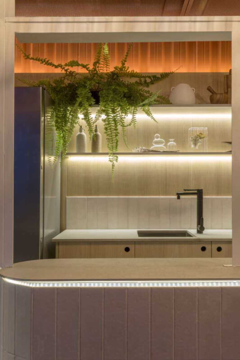 4. Torneira com filtro na cozinha de madeira com prateleiras de led e deocoração moderna – Projeto Lez Arquitetura Foto Edgar Cesar