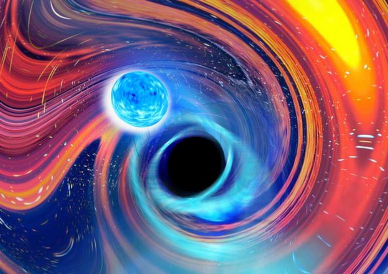 Ilustração da fusão entre uma estrela de nêutrons e um buraco negro gerando uma onda gravitacional