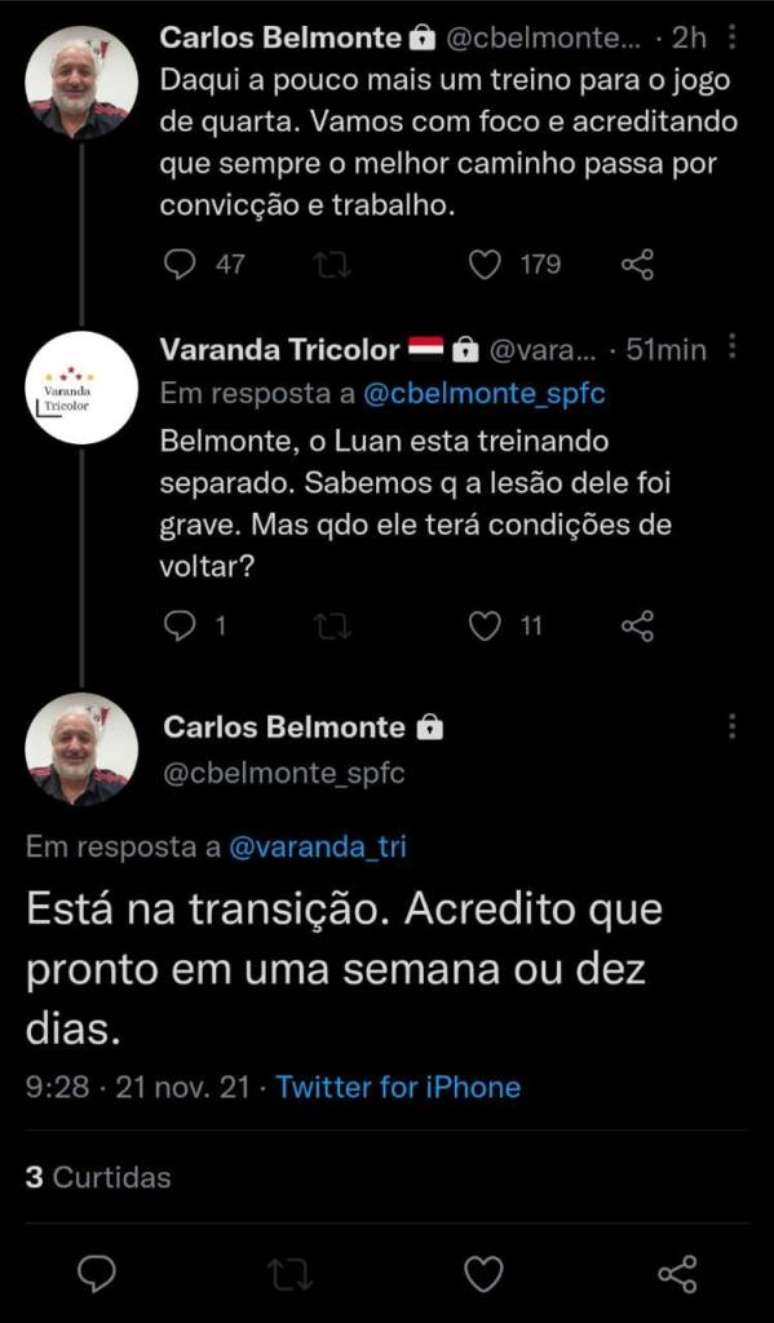 Resposta de Carlos Belmonte sobre Luan. (Foto: Reprodução)