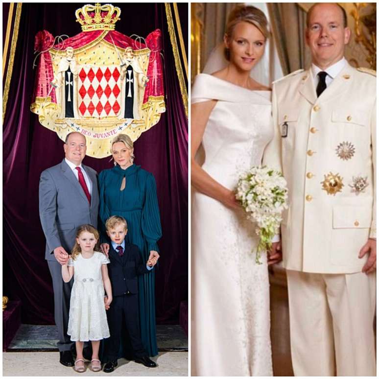Os príncipes de Mônaco com os filhos e no dia do casamento