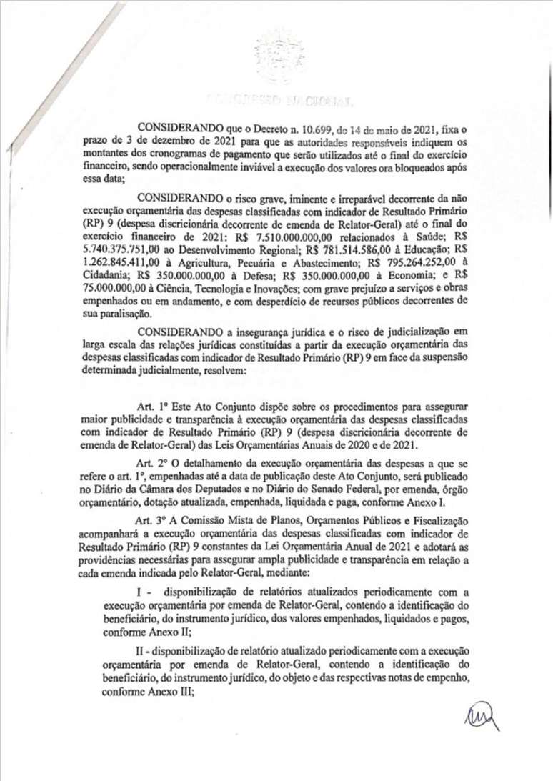 Ato conjunto das mesas da Câmara dos Deputados e do Senado Federal sobre orçamento secreto