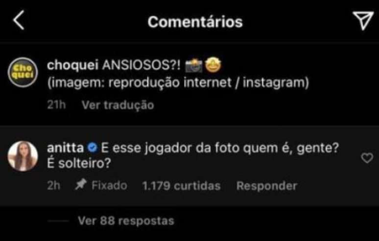 Comentário de Anitta questionando sobre Arrascaeta na publicação (Reprodução / Instagram)