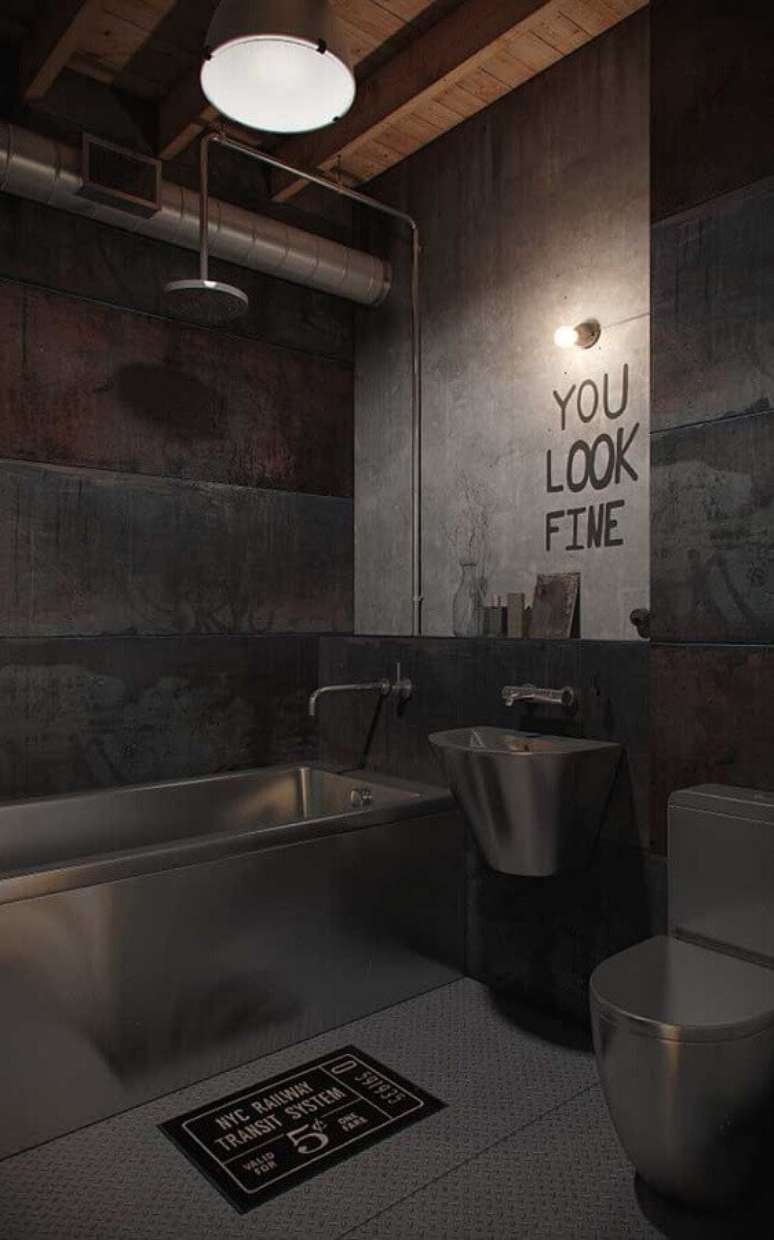 5. Tons de cinza para banheiro industrial moderno decorado com banheira inox – Foto: Futurist Architecture