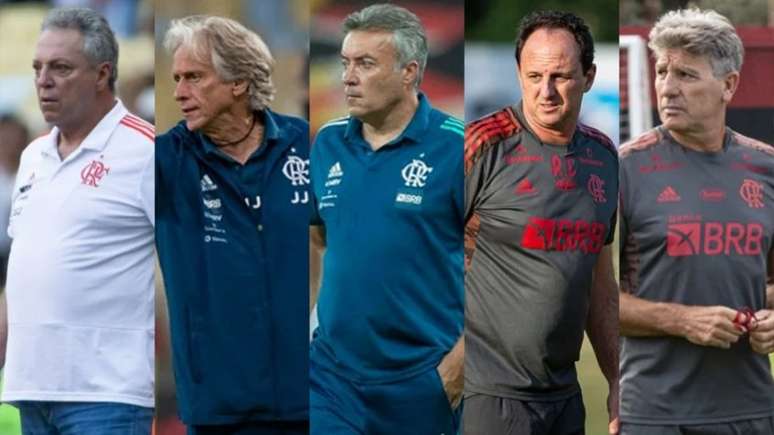 Abel, Jesus, Dome, Ceni e Renato: 'Era Landim' já teve cinco técnicos no comando do Flamengo (Montagem LANCE!)