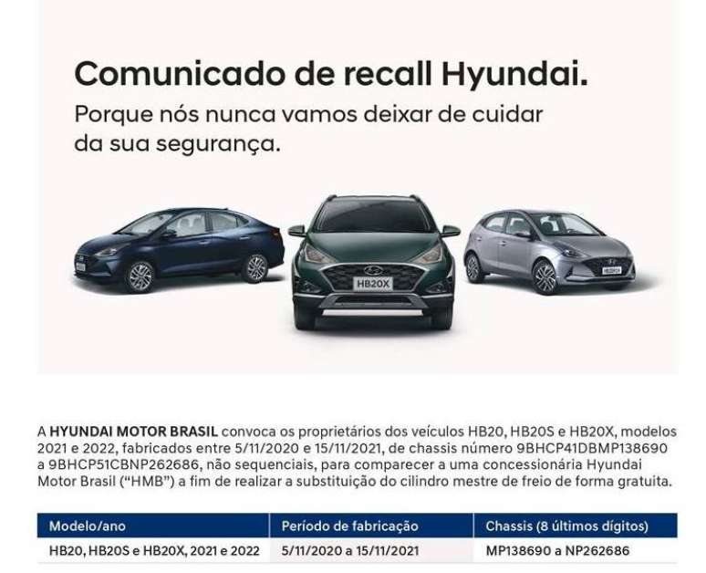 Hyundai anuncia recall para modelos HB20, HB20S e HB20X