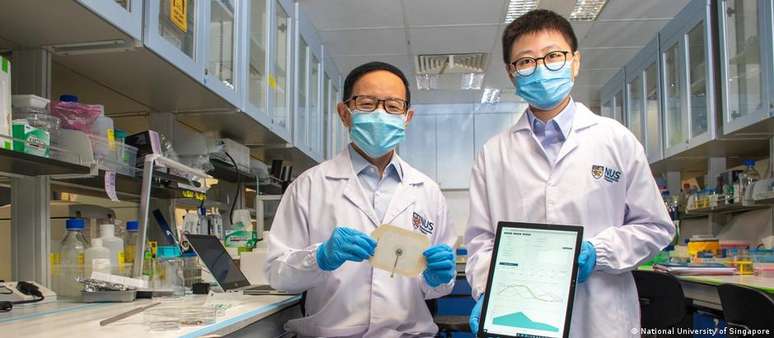 Cientistas Lim Chwee Teck (esq.) e Gao Yuji mostram o "curativo smart" e o aplicativo que analisa os dados