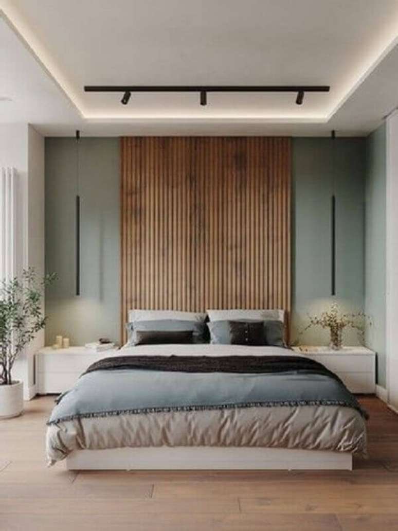 46. Parede ripada para decoração de quarto de casal com luminária pendente moderna – Foto: Architecture Art Design