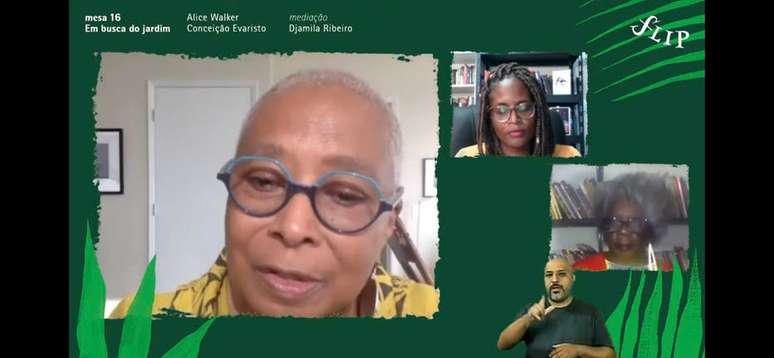 Cena do encontro virtual entre Alice Walker e Conceição Evaristo com mediação de Djamila Ribeiro durante a 19ª Flip em 2021