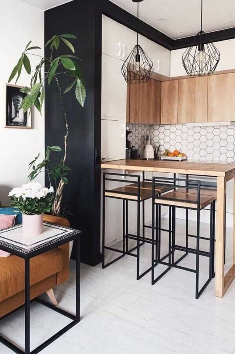 44. Decora&ccedil;&atilde;o com banco para cozinha americana pequena de canto &ndash; Foto: Decor F&aacute;cil