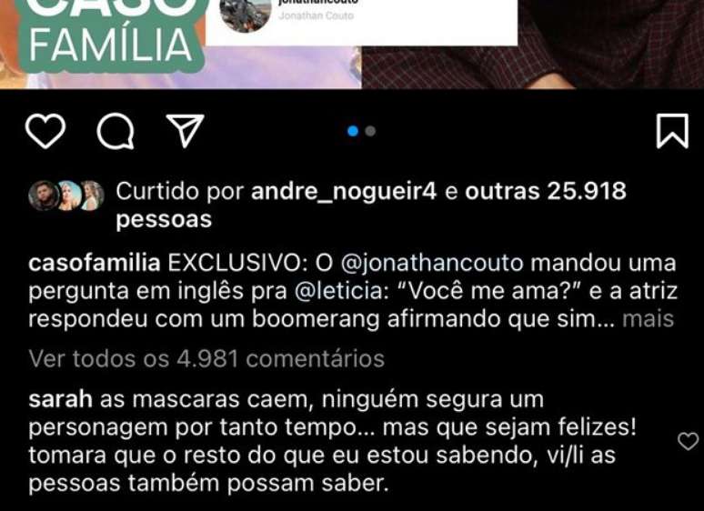 Sarah comentou suposto romance de Letícia e Jonathan, seu ex-marido.