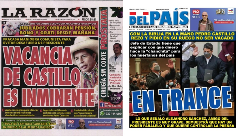 Capas de jornais populares do Peru noticiam possibilidade de impeachment de Castillo