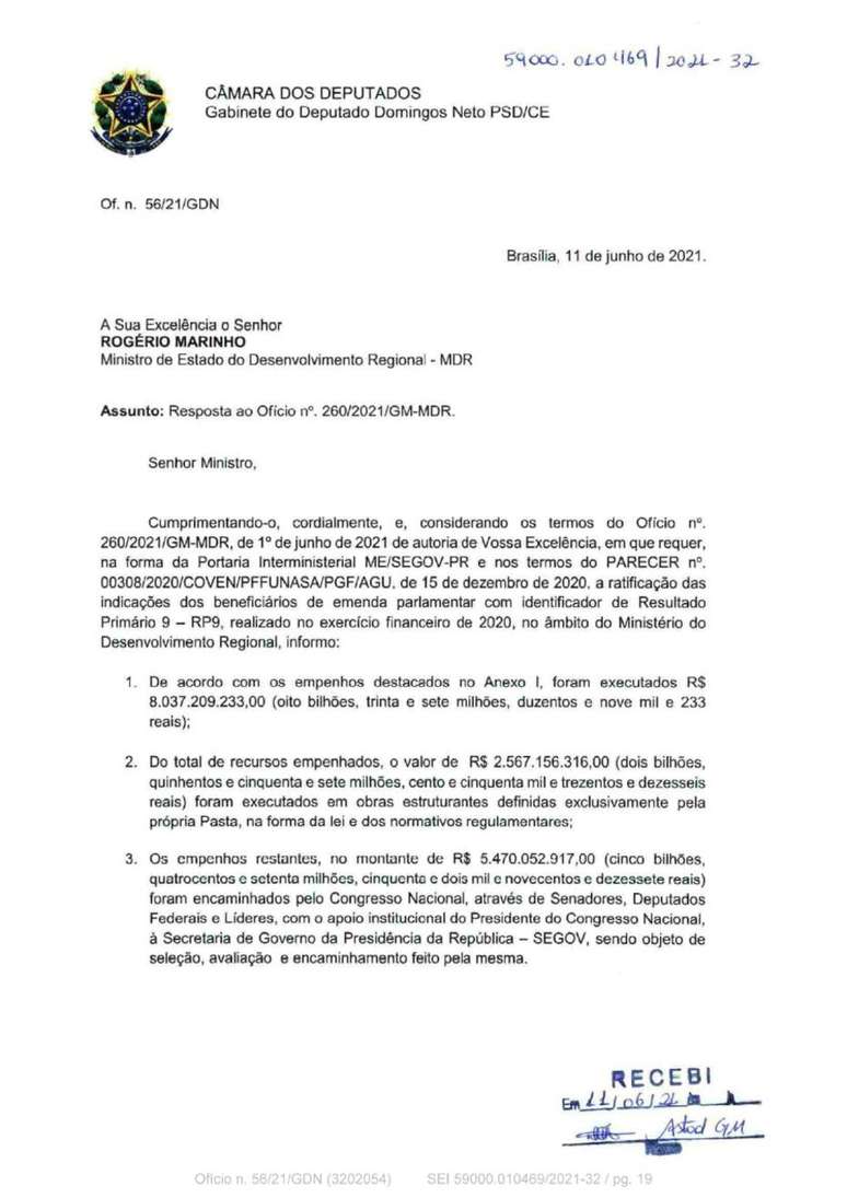 Ofício do deputado Domingos Neto obtido pelo ‘Estadão’; no documento, ele afirma que dinheiro foi liberado por solicitação de parlamentares ao ministro Luiz Eduardo Ramos 