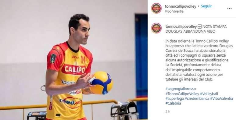 Douglas Souza retornou ao Brasil e foi acusado por seu time de abandono. Tonno Callipo Volley diz que postura do atleta é inexplicável