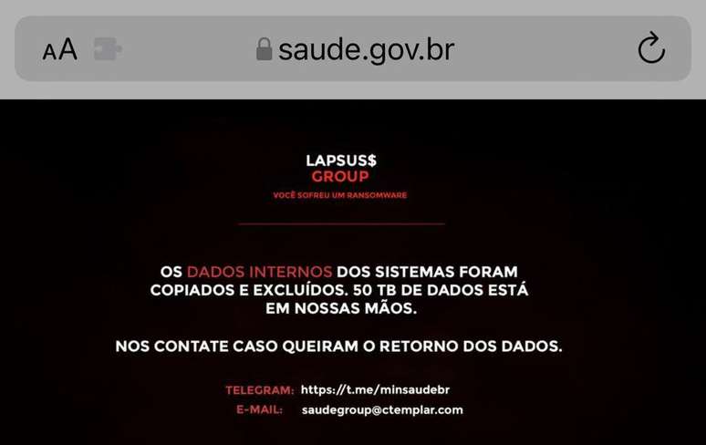 Mensagem em site do Ministério da Saúde sinaliza que pasta teria sido hackeada; governo diz ter recuperado registros de vacinação