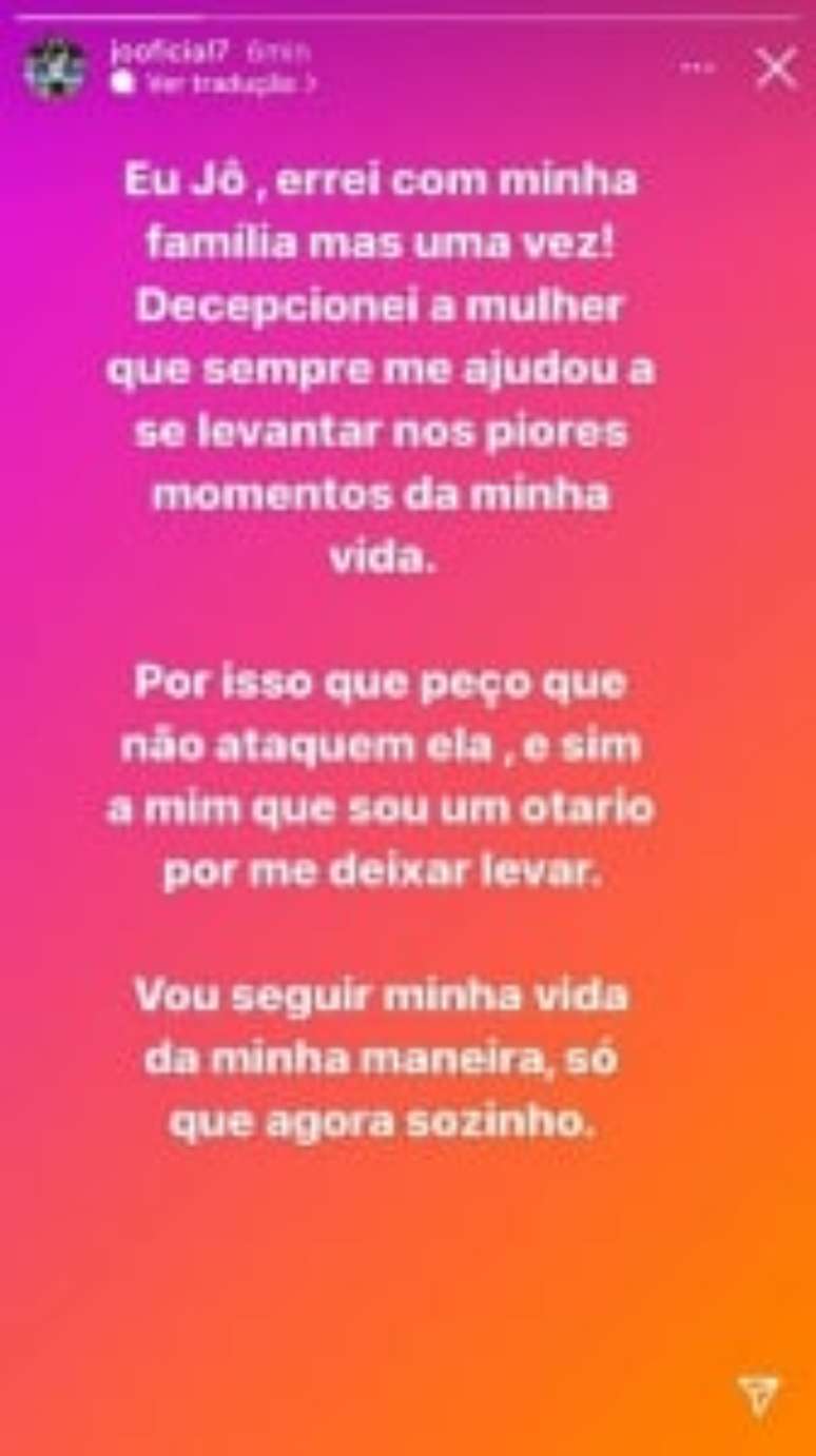 Íntegra da postagem de Jô (Foto: Reprodução/Instagram)