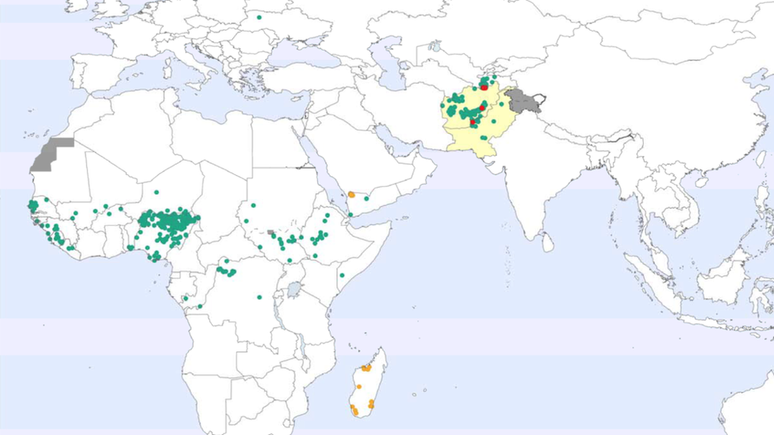 Paquistão e Afeganistão (pintados de amarelo no mapa) são os únicos dois países com poliomielite endêmica. Na África, na Ucrânia e no Iêmen foram registrados alguns casos raros de pólio por derivado vacinal