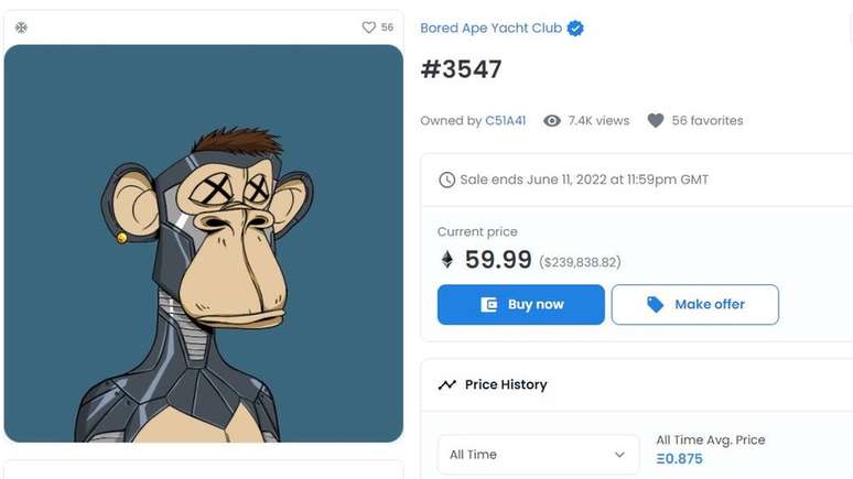 O Bored Ape número 3.547 foi recolocado à venda por US$ 250 mil