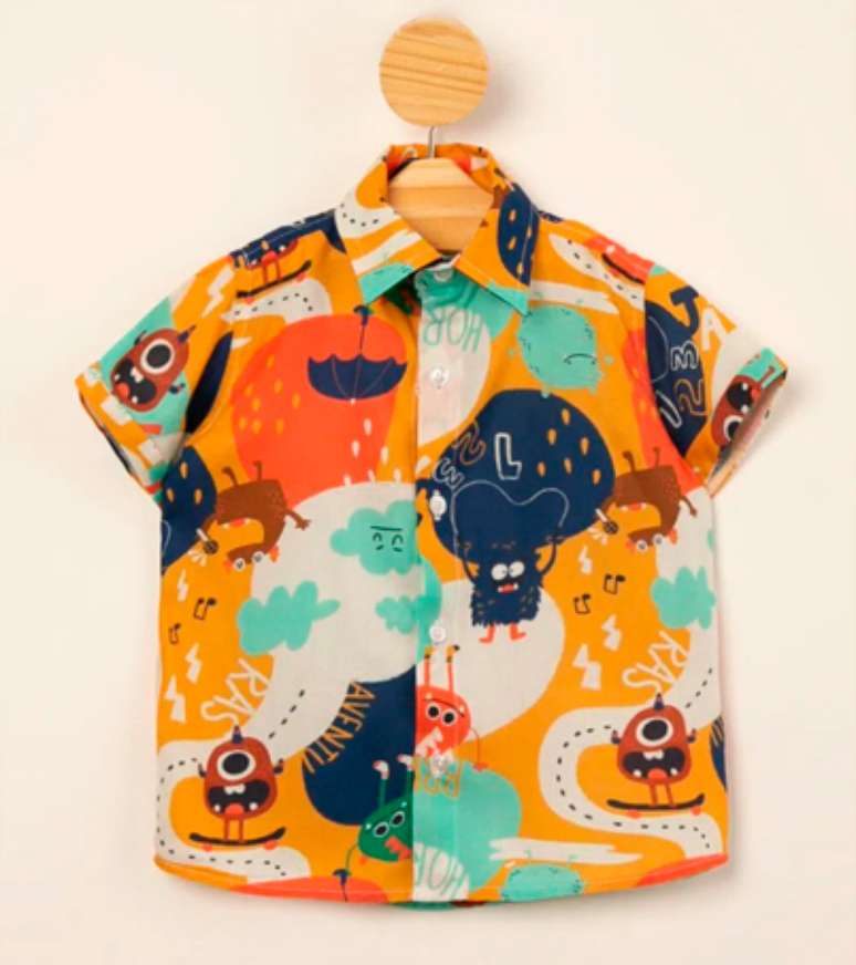 Camisa-infantil-de-viscose-estampada-monstros