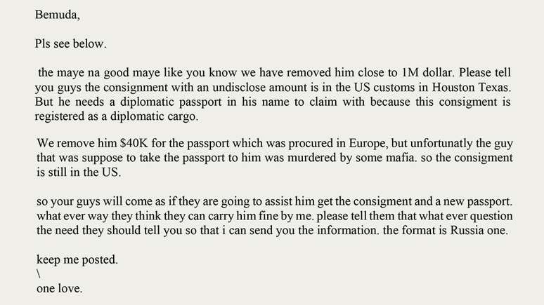 E-mail dos golpes online praticados pelo Black Axe