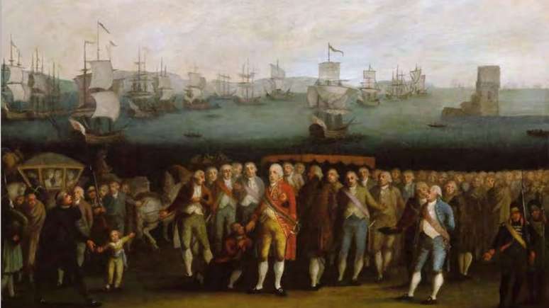 Quadro de autor desconhecido representa a fam&iacute;lia real portuguesa embarcando de Lisboa para o Brasil