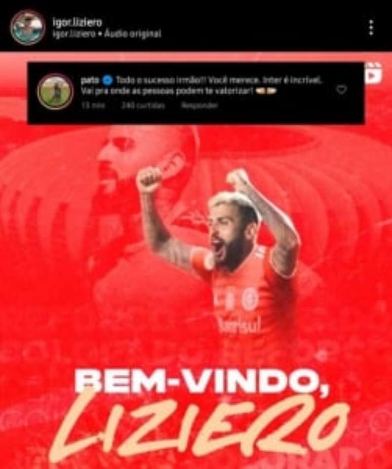 Comentário de Alexandre Pato na publicação de Liziero (Reprodução / Instagram)