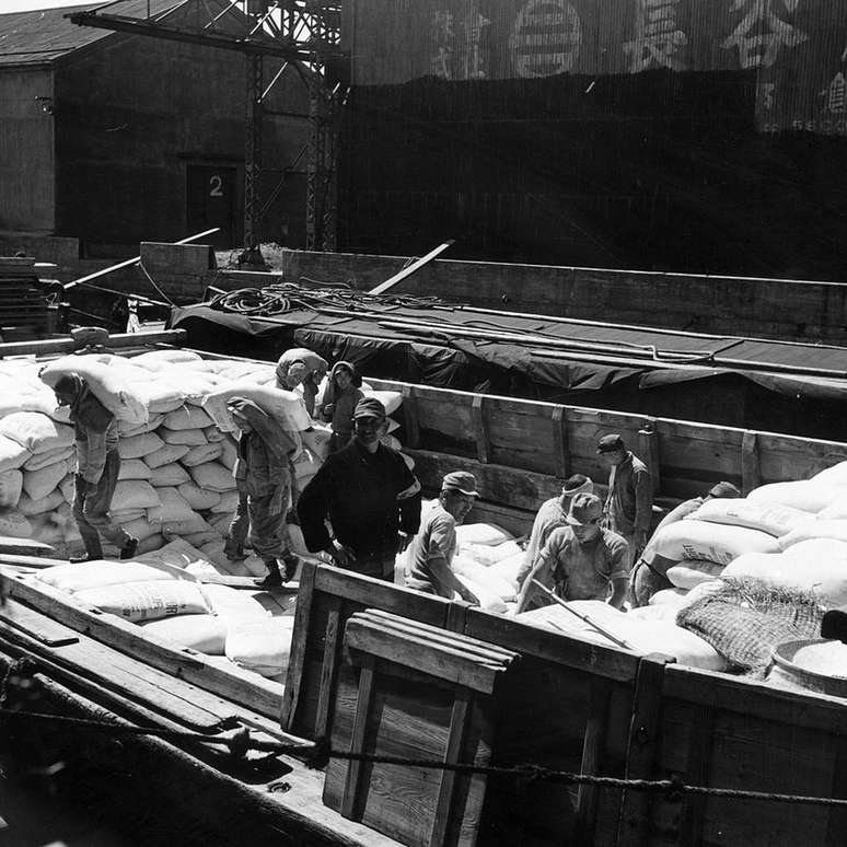 Estivadores descarregam farinha em um porto do Japão em 1955