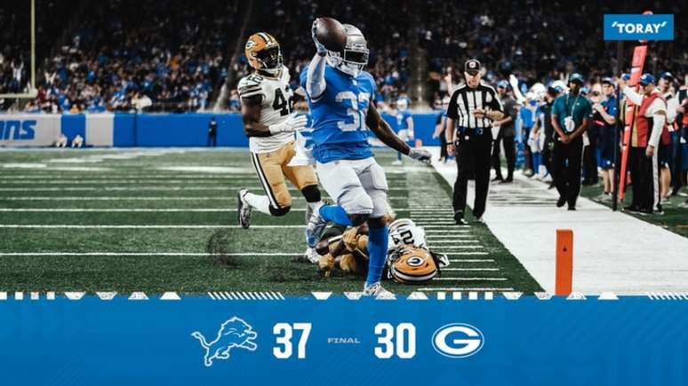 Foi a terceira vitória dos Lions na temporada, encerrando a participação com a segunda pior campanha da liga (Reprodução / Twitter / Detroit Lions)