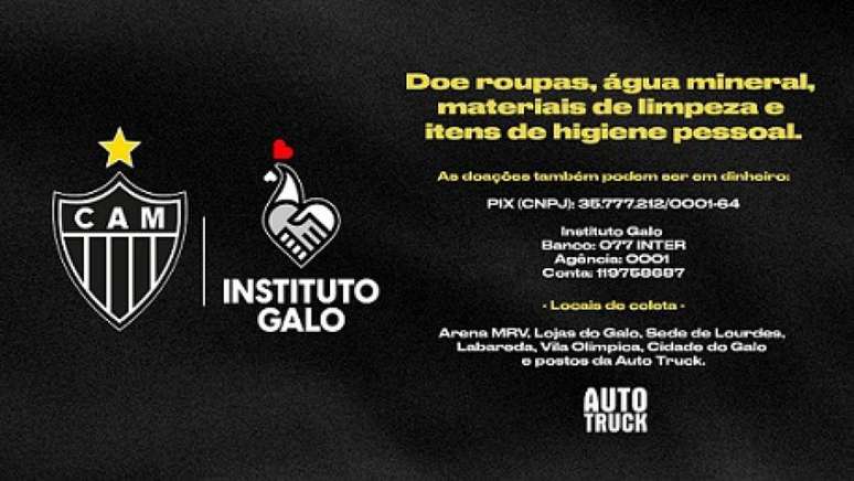 O instituto Galo, braço social do clube, está se empenhando para ajudar as vítimas das chuvas-(Divulgação/Atlético-MG)