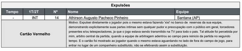 Árbitro relatou a expulsão na súmula do jogo Divulgação FPF