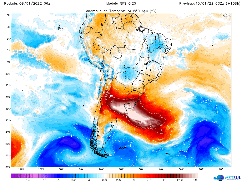 Mapa divulgado pela MetSul aponta calor extremo para os pr&oacute;ximos dias no sul do Brasil e no centro da Am&eacute;rica do Sul