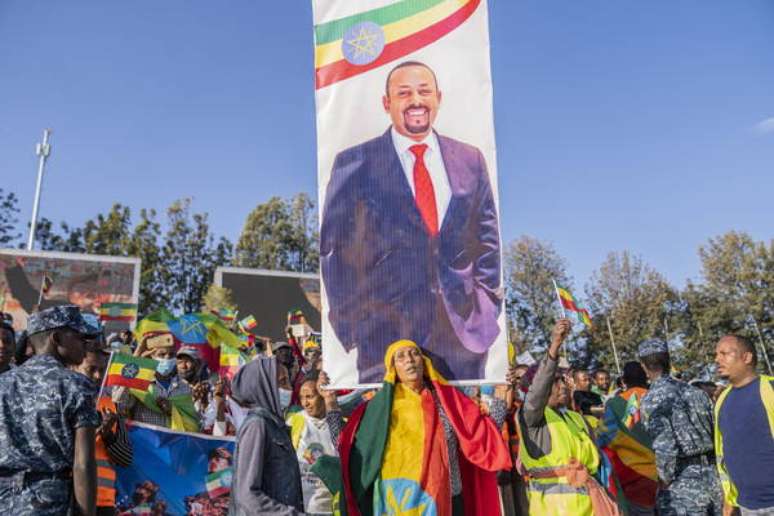Manifestação em apoio a Abiy Ahmed em Adis Abeba, capital da Etiópia, em novembro de 2021