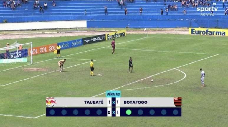 SporTV trocou escudos do Taubaté (SP) e Botafogo por RB Brasil e Flamengo, respectivamente, durante disputa de pênaltis na Copinha (Reprodução / SporTV)