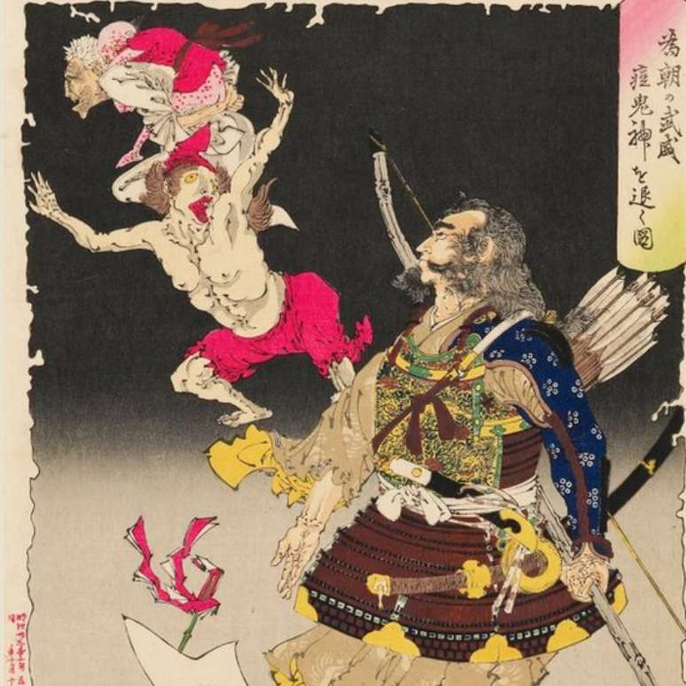 Samurai japonês Minamoto no Tametomo (século 12) afasta demônios da varíola