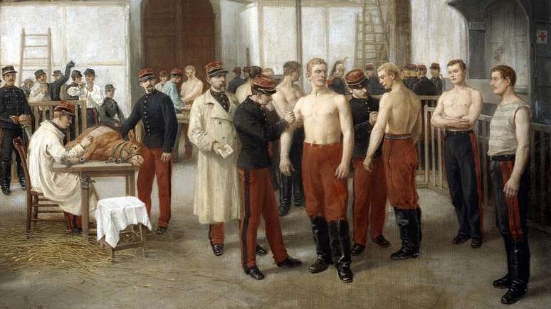 Recrutas do Exército francês sendo vacinados contra a varíola, quadro de Alfred Touchemolin (1829-1907), 1895